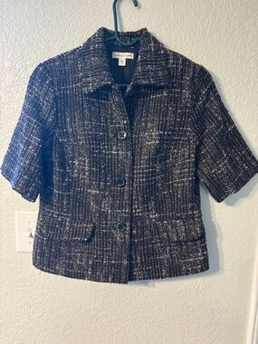 Coldwater Creek Navy & White Tweed Short-Sleeve Jacket